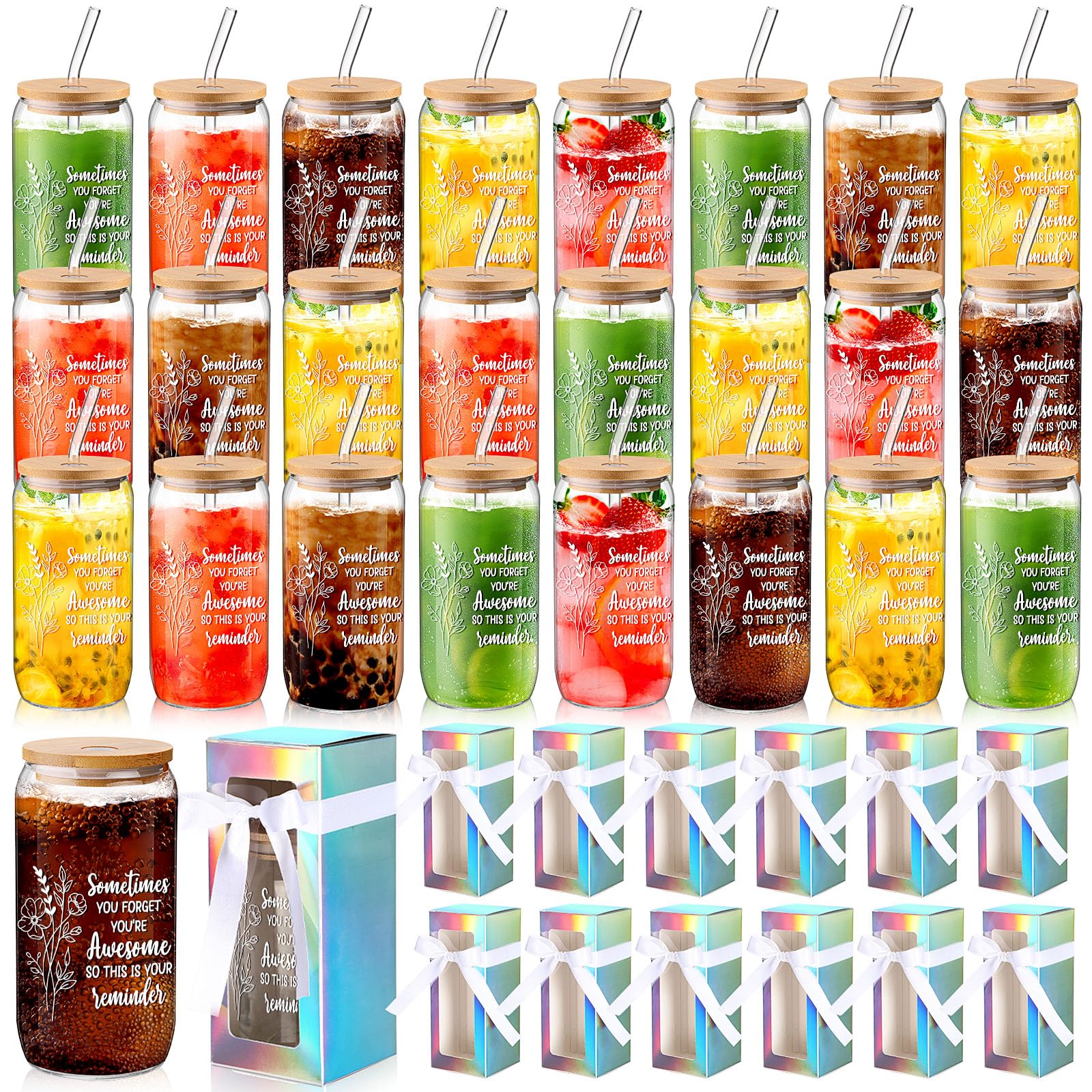 Floral Gratitude 24-Piece Glass Cup Set with Lids & Straws