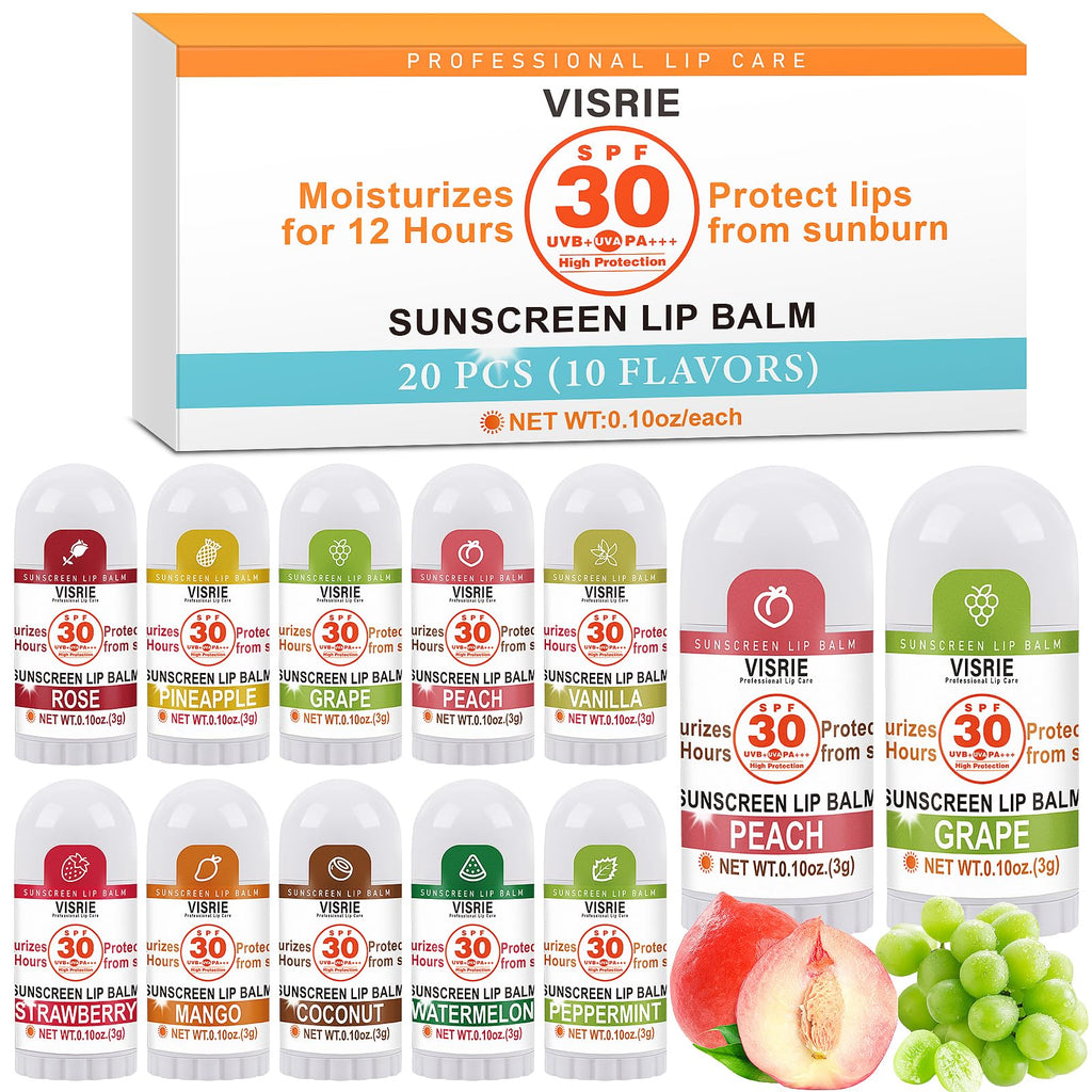 VISRIE SPF 30 Mini Sunscreen Lip Balm SPF Lip Balm Bulk 20 Count Travel Sunscreen with Vitamin E and Coconut Oil- 10 Flavors