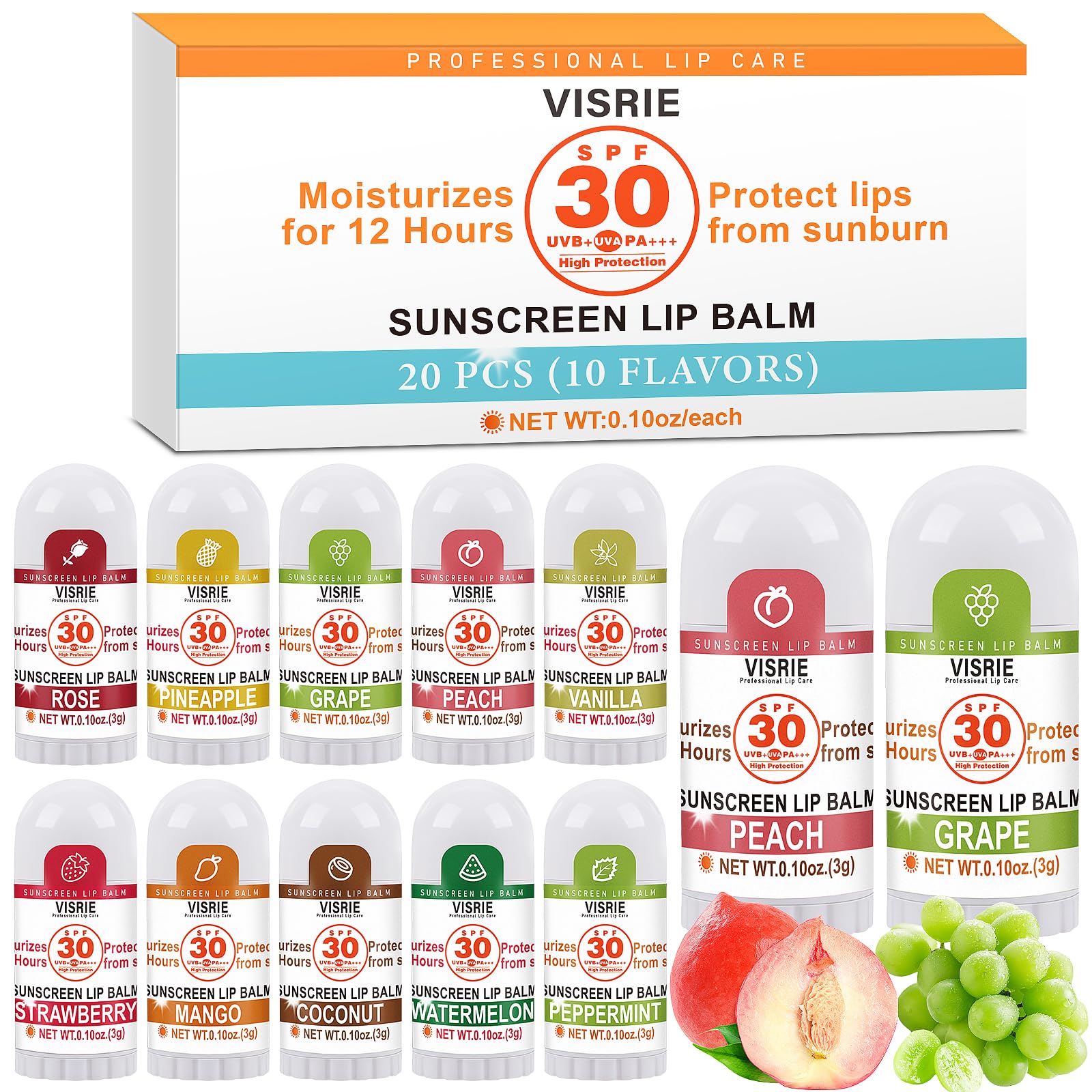 VISRIE SPF 30 Mini Sunscreen Lip Balm SPF Lip Balm Bulk 20 Count Travel Sunscreen with Vitamin E and Coconut Oil- 10 Flavors